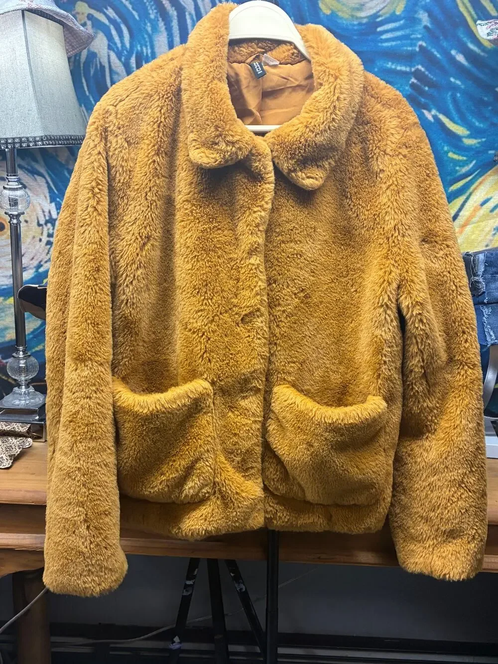 H&M Divided Mustard Teddy Fleece Jacket Women's Large Button Front Plush